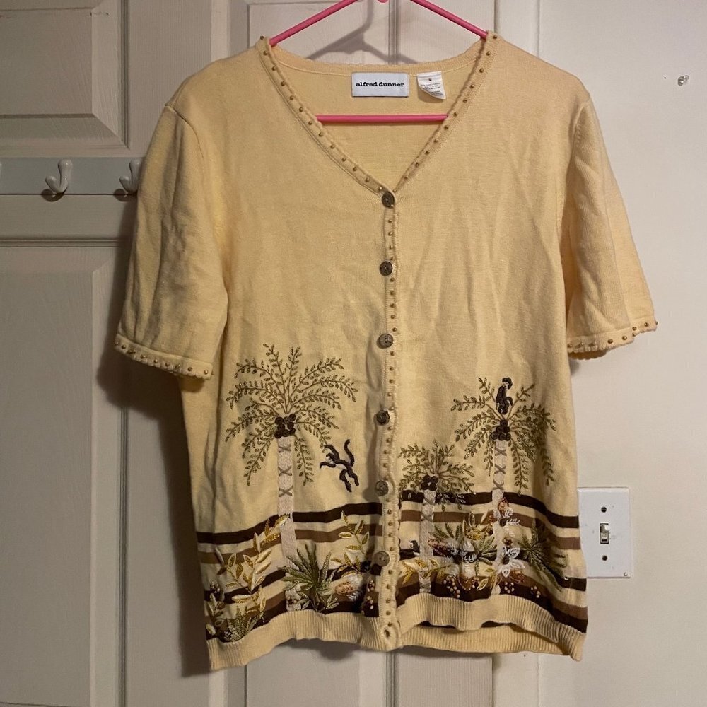 Womens Alfred Dunner Yellow Knit Embroidered Tropical Short Sweater Size Medium